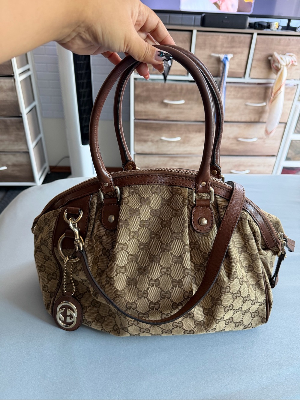 Gucci Brown GG Canvas Shoulder Bag with Leather Trim